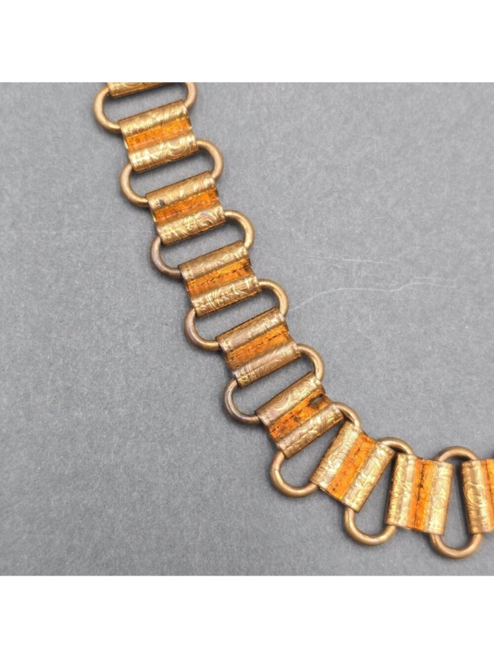 Antique Victorian Book Chain Necklace 24" Gold Tone 15.6mm Embossed Floral Panel - Picture 12 of 16